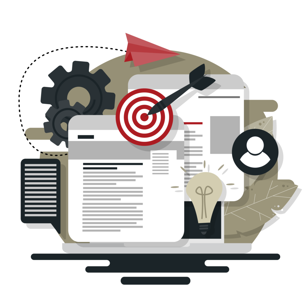Illustration of digital documents layered over a laptop, surrounded by gears, user icons, a lightbulb, and a target with an arrow. Represents structured publishing, identity, and the open systems that power the Open Legal Publishing Network.